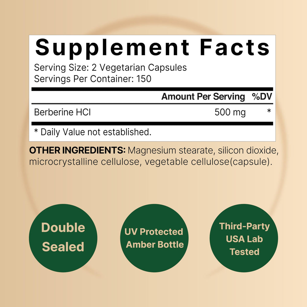 NatureBell Berberine bottle nutrition label highlights 300 capsules per bottle.
