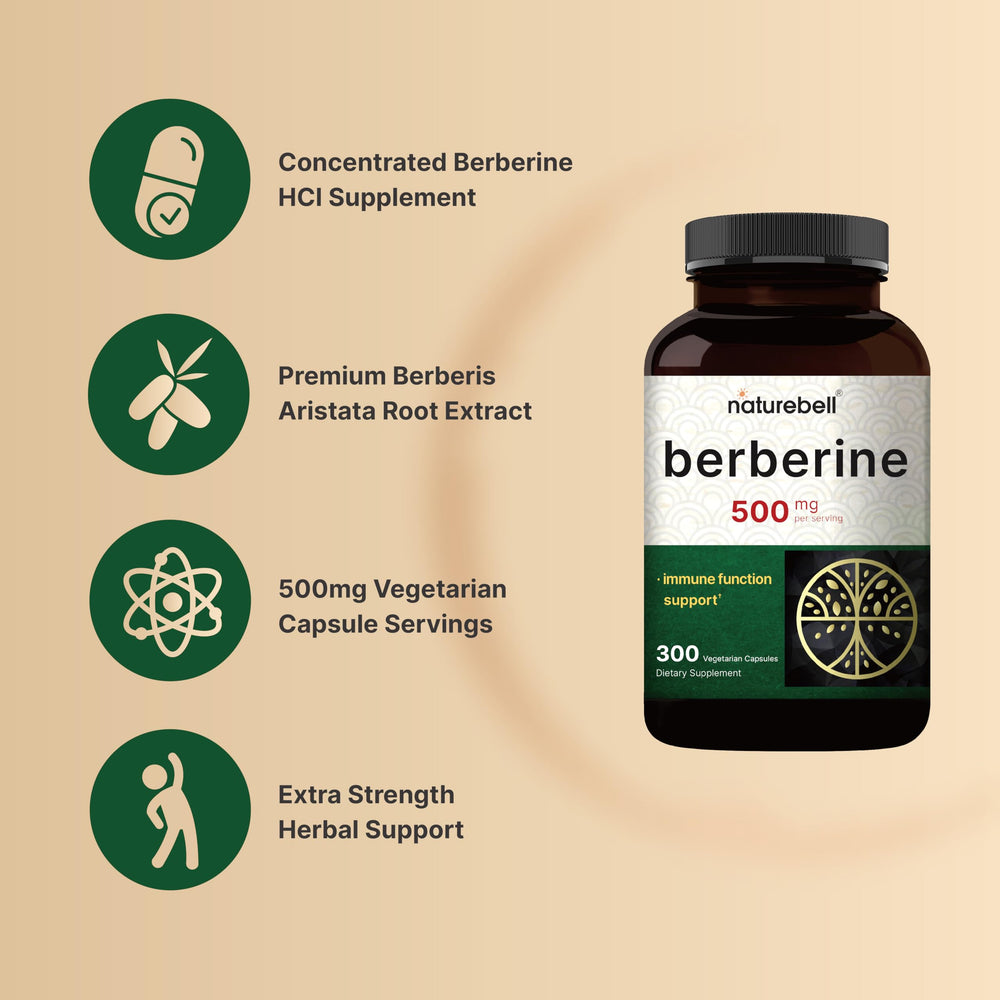NatureBell Berberine capsules close-up, showing vegan capsules for daily use.