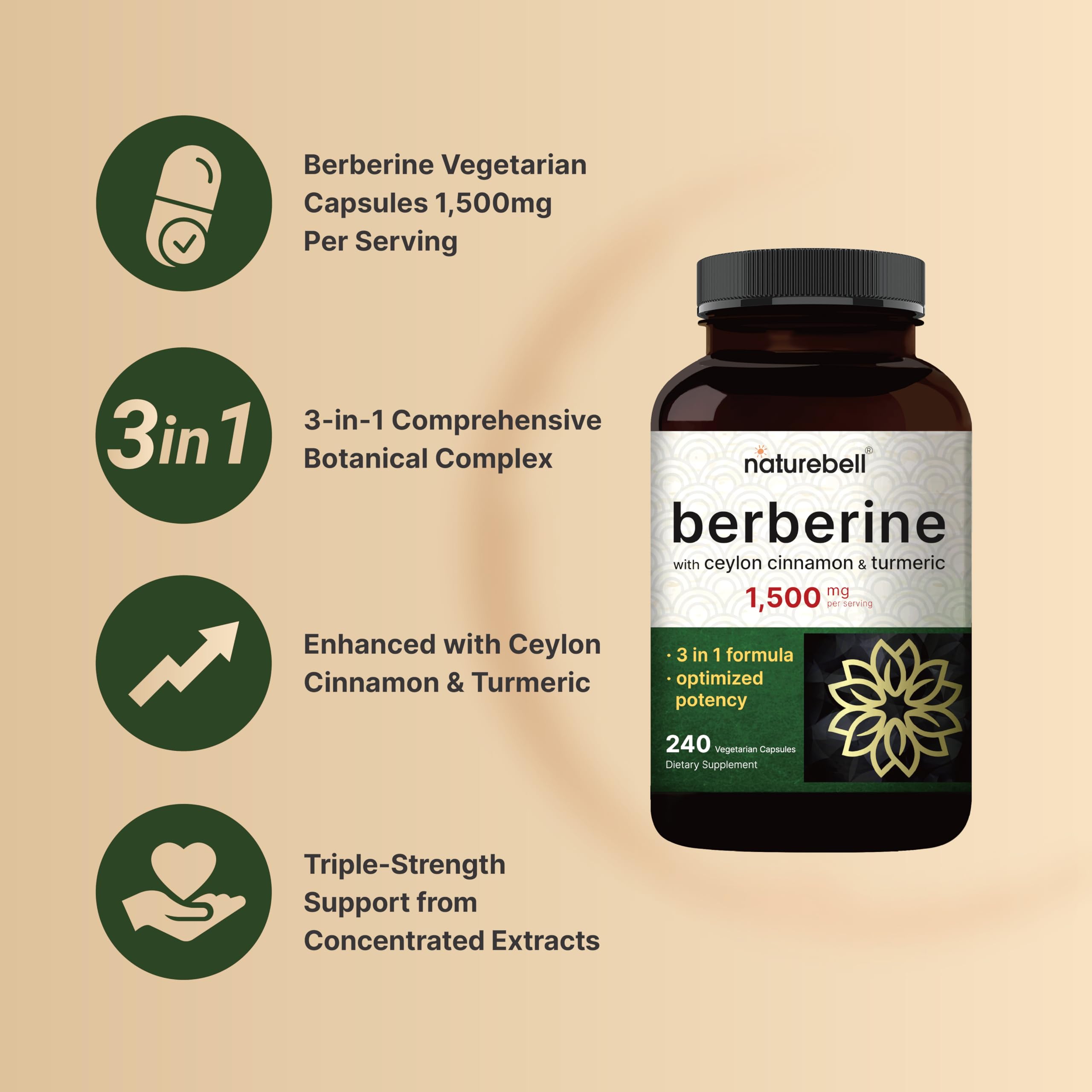 NatureBell Berberine capsules closeup, vegan and non-GMO for clean choice