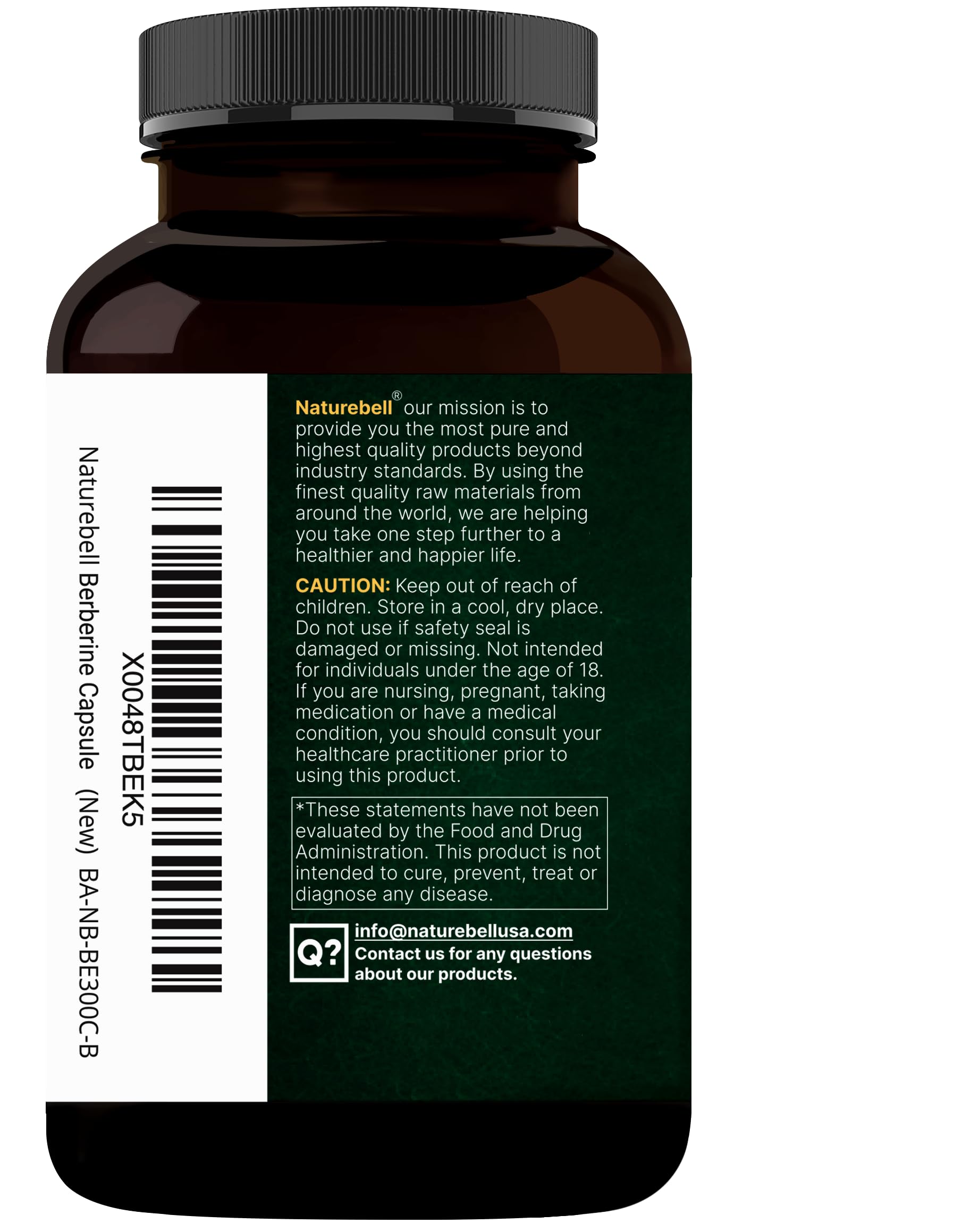 NatureBell Berberine gluten-free labeling on the bottle for sensitive diets.