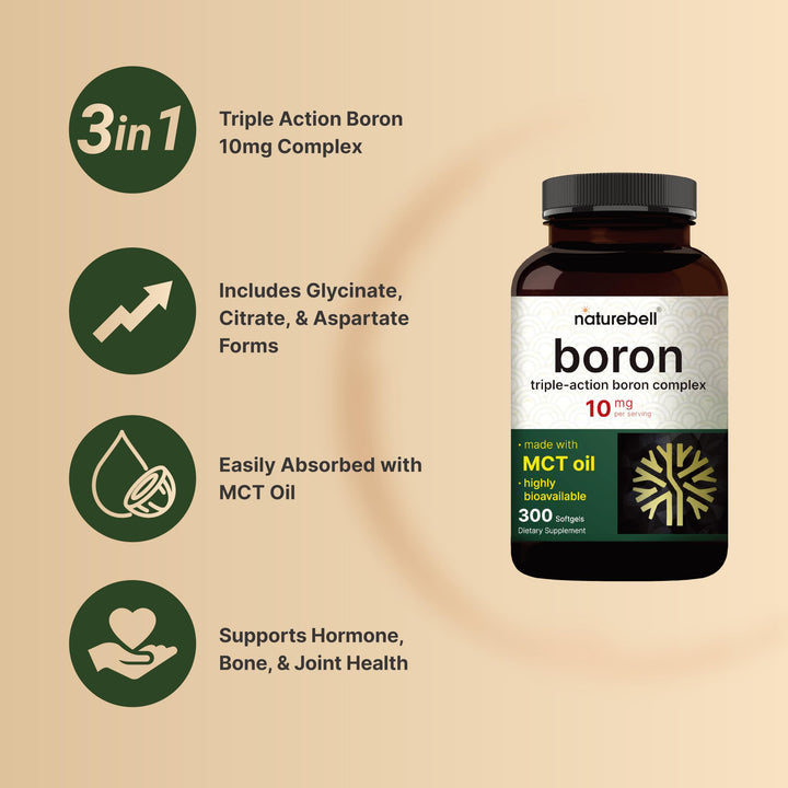 Close-up of NatureBell boron softgels with coconut MCT oil for absorption.