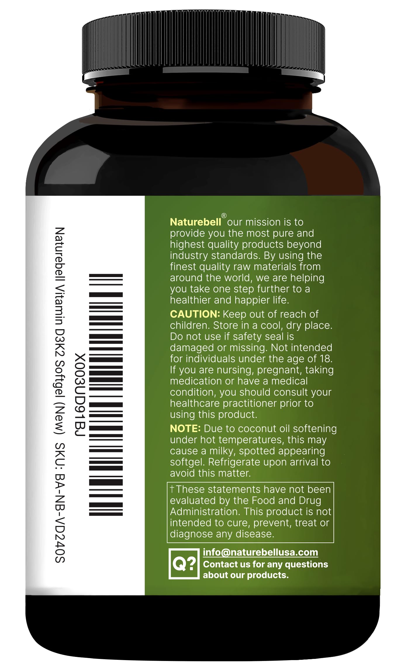 NatureBell bottle closeup label communicates dosage and routine integration.