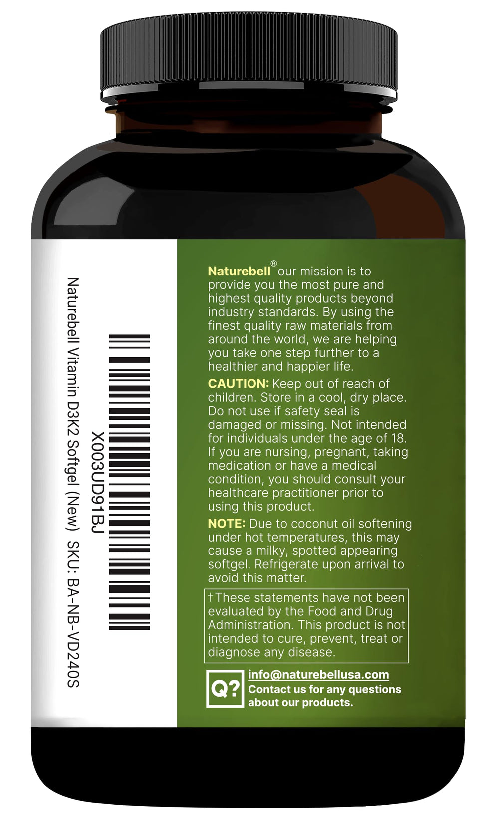 NatureBell bottle closeup label communicates dosage and routine integration.