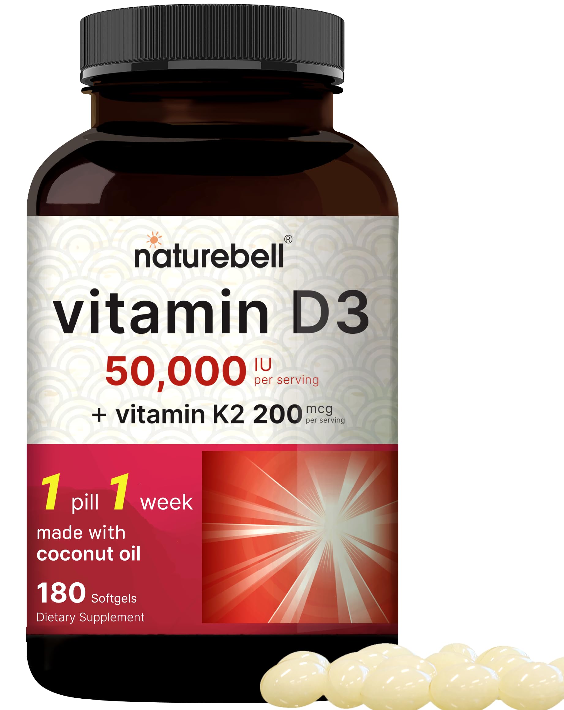 NatureBell Vitamin D3 K2 bottle showing weekly dose for bone support.