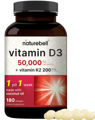 NatureBell Vitamin D3 K2 bottle showing weekly dose for bone support.