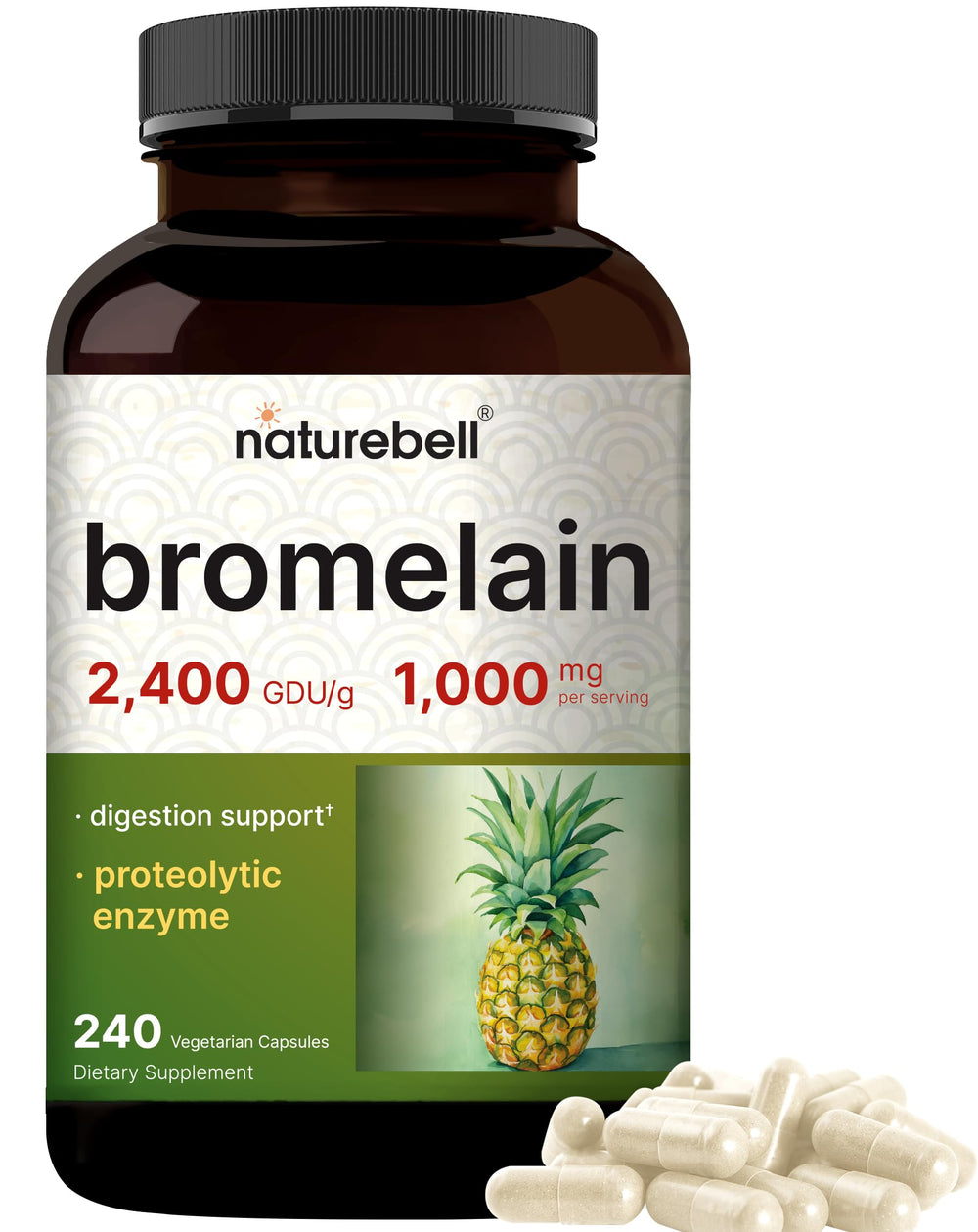 NatureBell Bromelain bottle on table showing convenient daily enzyme support