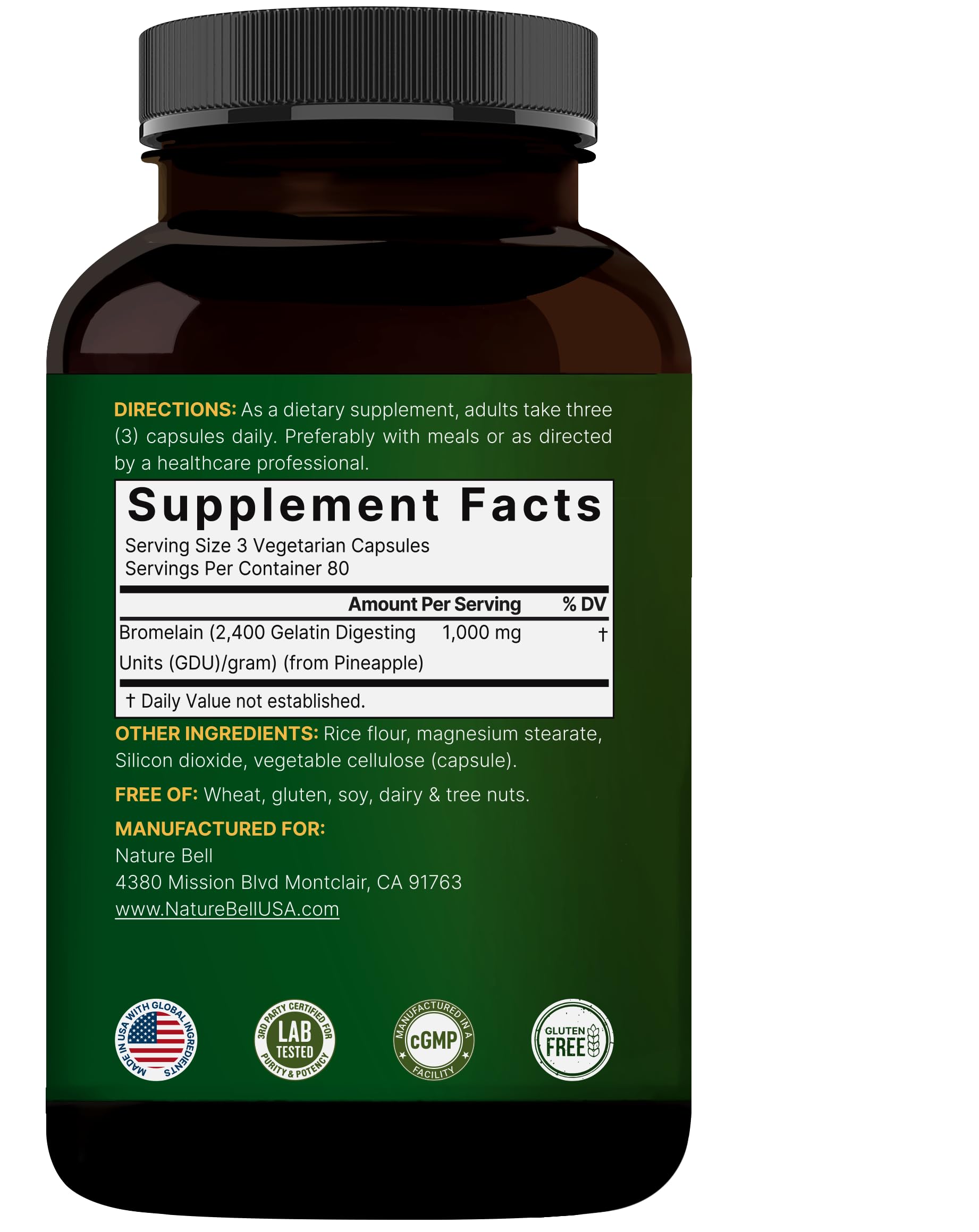 NatureBell Bromelain third-party lab test certificate visible for quality assurance