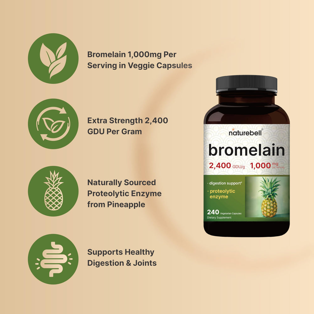NatureBell Bromelain label closeup emphasizing pineapple-derived enzyme potency