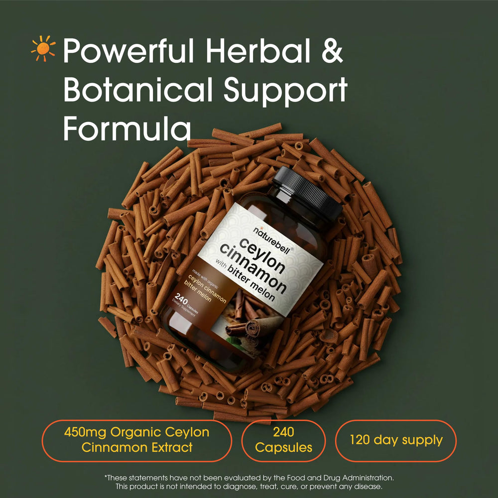 NatureBell Cinnamon capsules close up highlighting easy to swallow dose