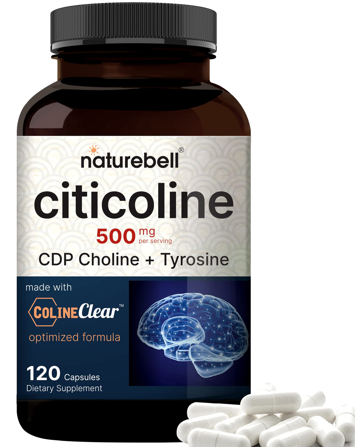 NatureBell Citicoline bottle close-up highlighting premium brain support.