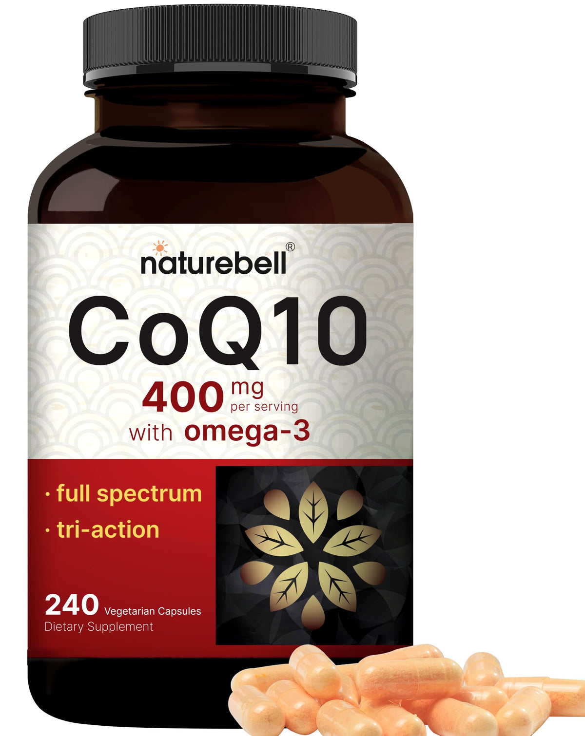NatureBell CoQ10 Omega-3 bottle front highlights potent antioxidant and heart support.