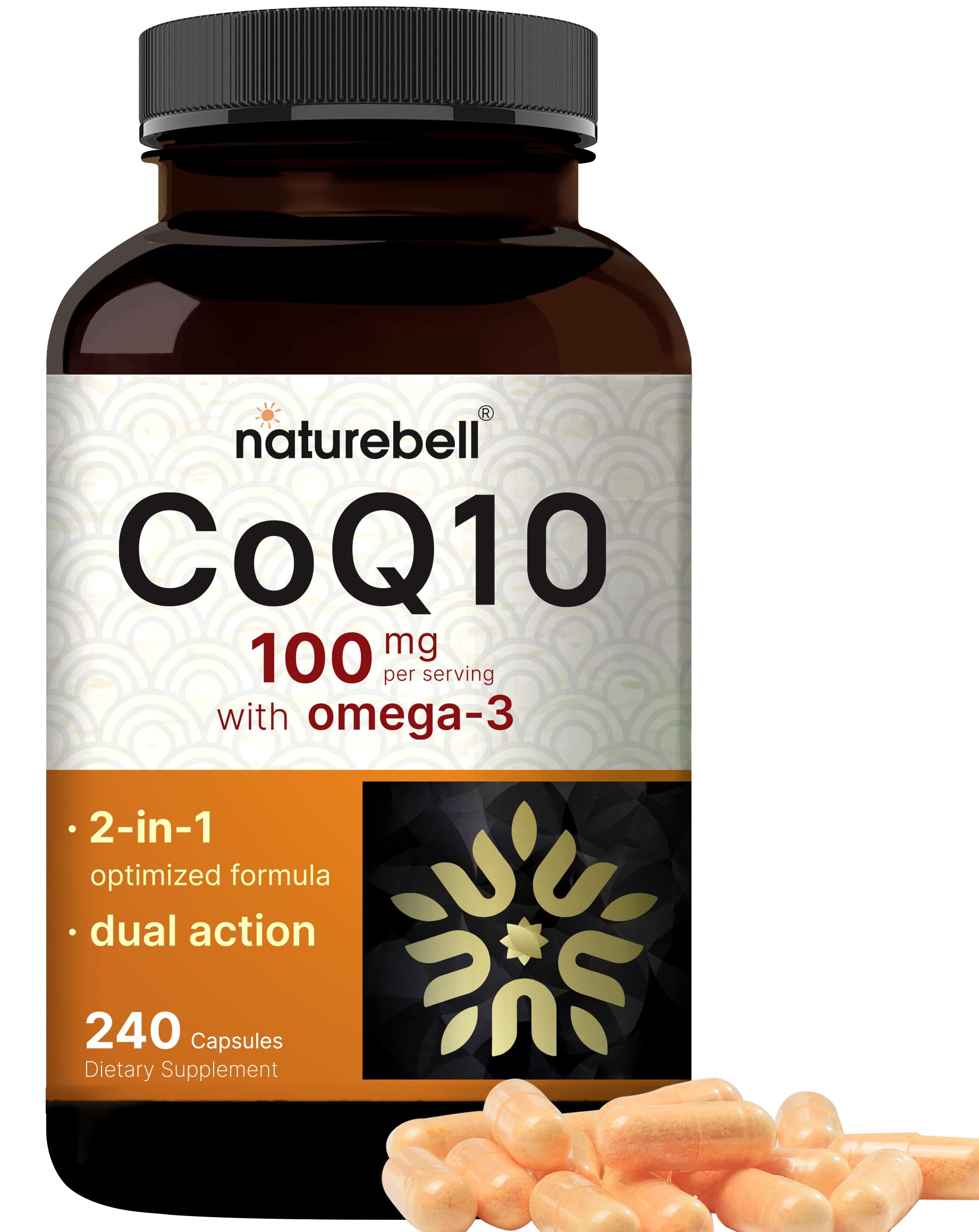 NatureBell CoQ10 Omega-3 bottle promoting heart health and antioxidant support