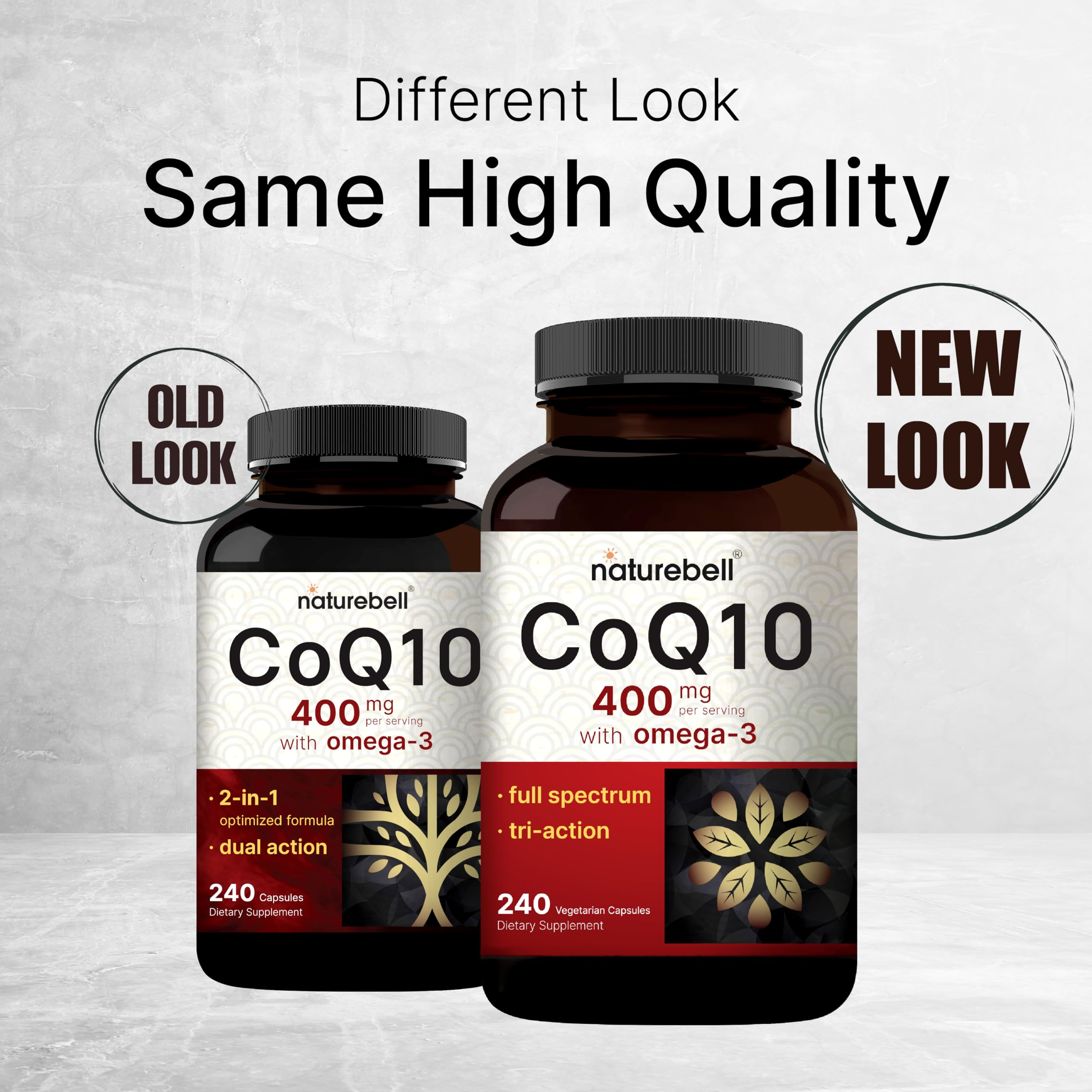 NatureBell CoQ10 Omega-3 ingredients panel highlights CoQ10 and fish oil blend.