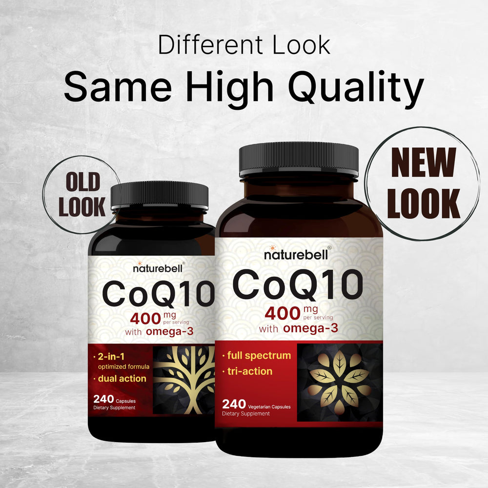 NatureBell CoQ10 Omega-3 ingredients panel highlights CoQ10 and fish oil blend.