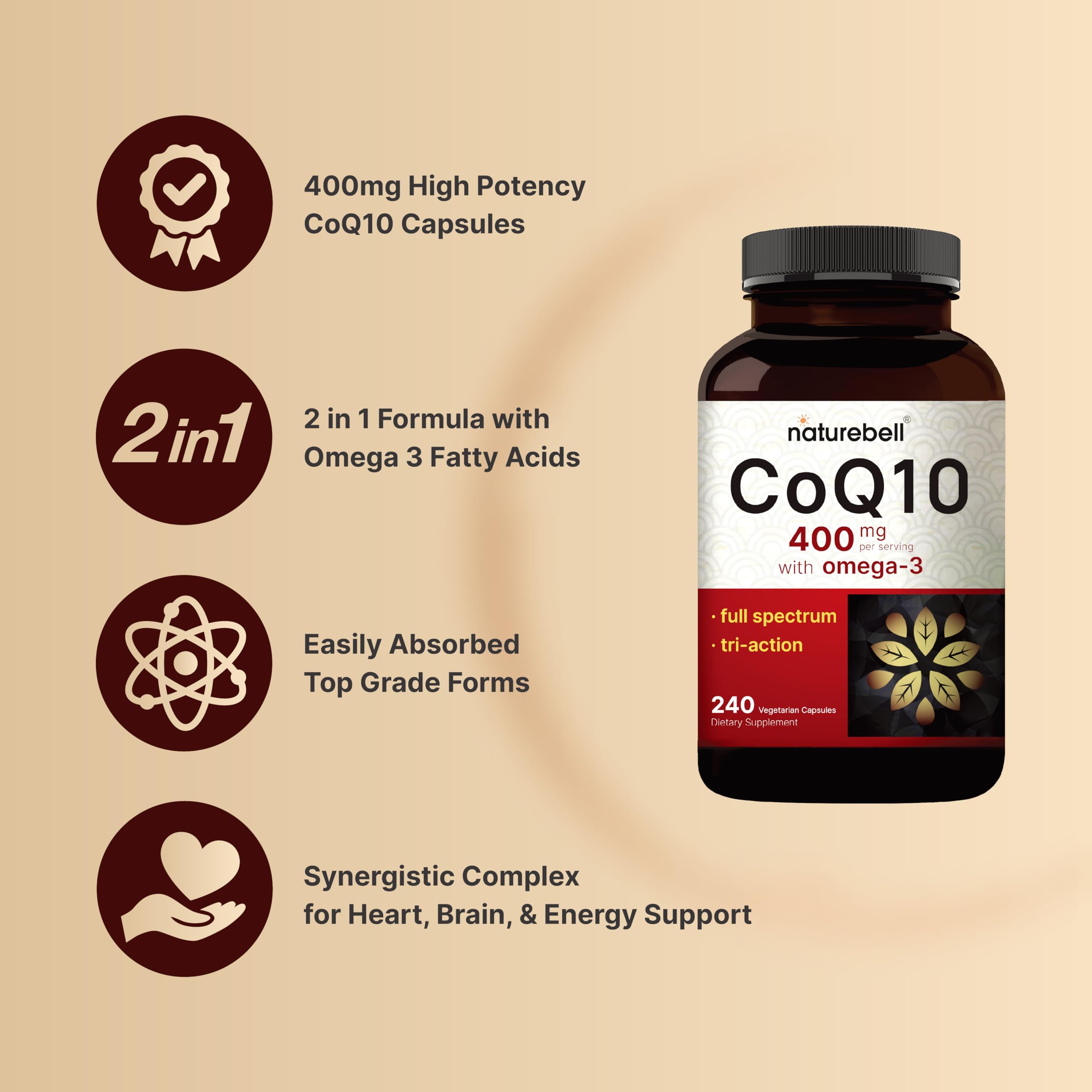 NatureBell CoQ10 Omega-3 label closeup shows ingredients and third-party testing.