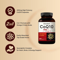 NatureBell CoQ10 Omega-3 label closeup shows ingredients and third-party testing.