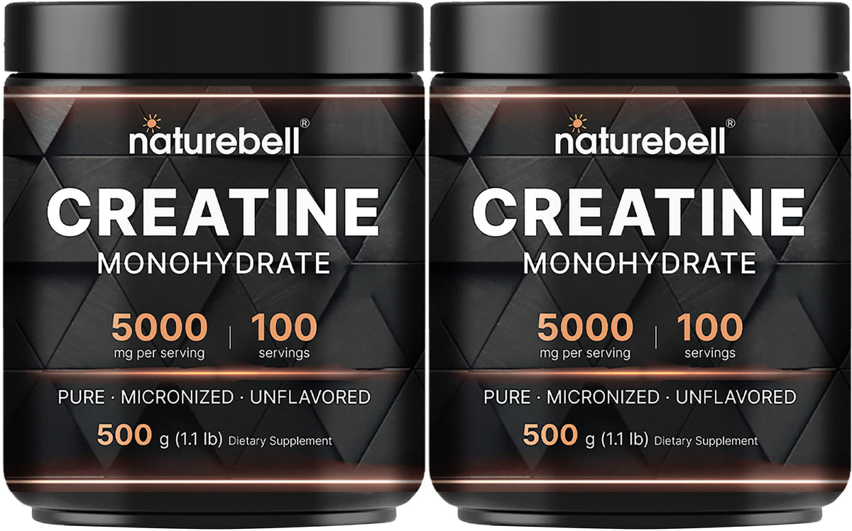 NatureBell creatine monohydrate bottle showing convenient 2-pack packaging for daily use