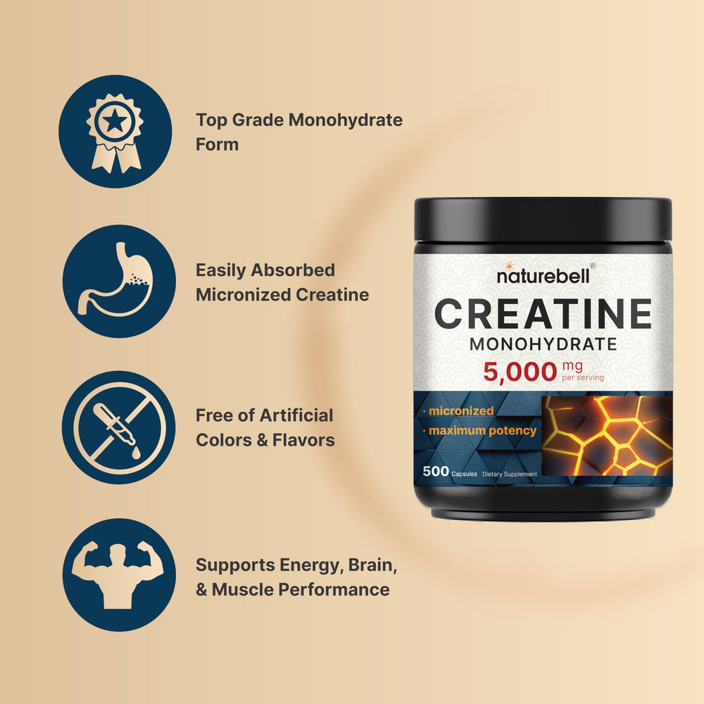 NatureBell Creatine Monohydrate capsules packaging highlights Non-GMO and allergen-free formulation.