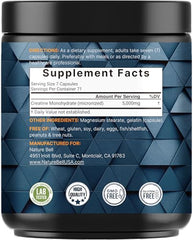 NatureBell Creatine Monohydrate capsules serving-size label shows seven-capsule dose.