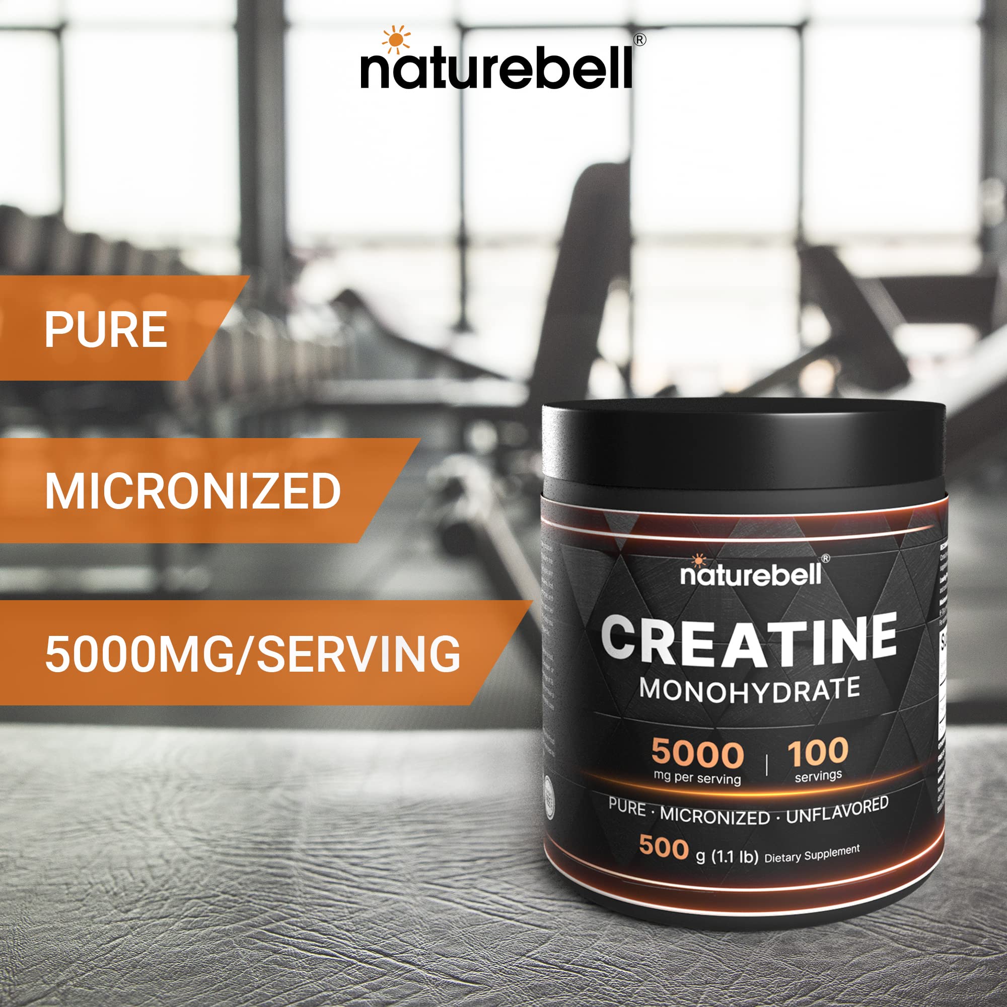 NatureBell creatine monohydrate box with measuring spoon for pre-workout prep
