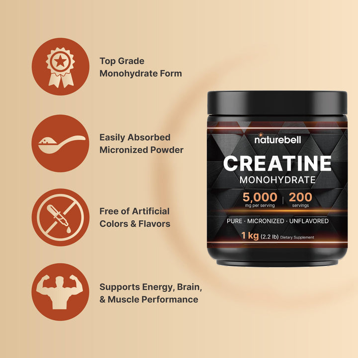 NatureBell Creatine Monohydrate Powder unflavored; keto and vegan friendly