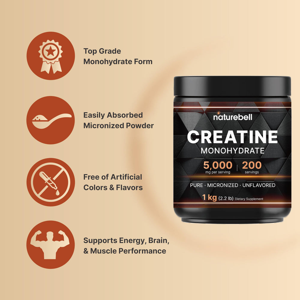 NatureBell Creatine Monohydrate Powder unflavored; keto and vegan friendly