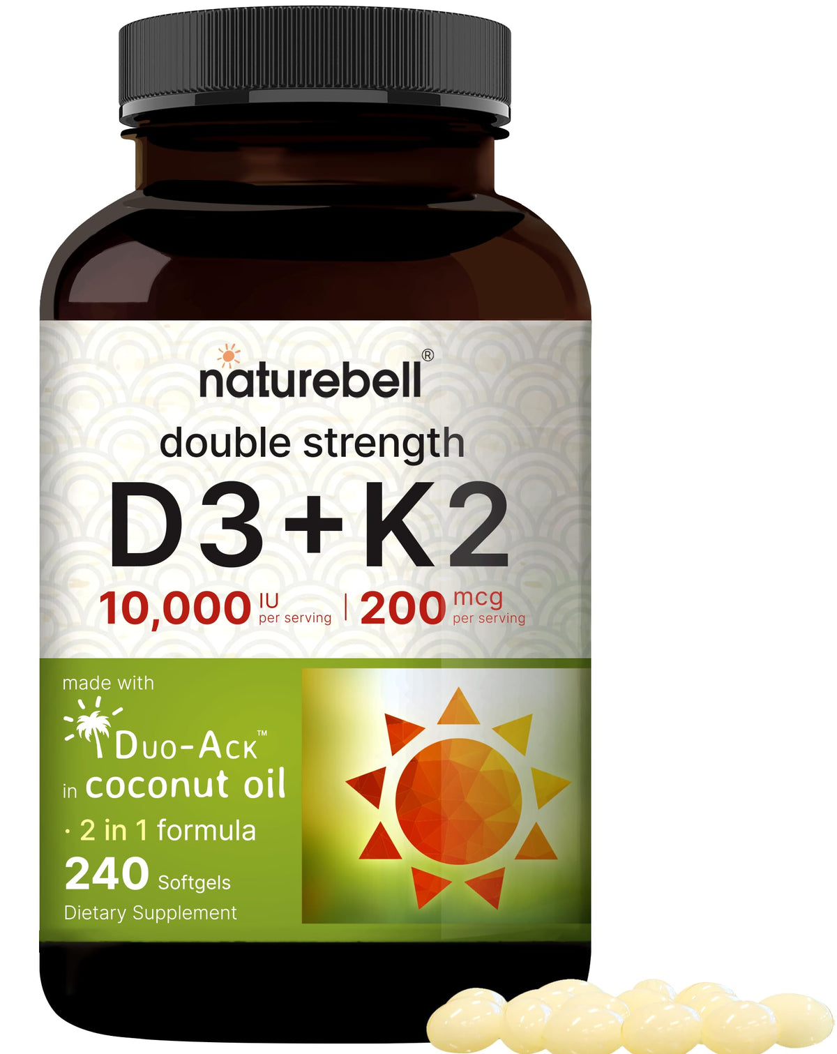 NatureBell D3 K2 softgels bottle, convenient daily capsules for calcium support and overall wellness.