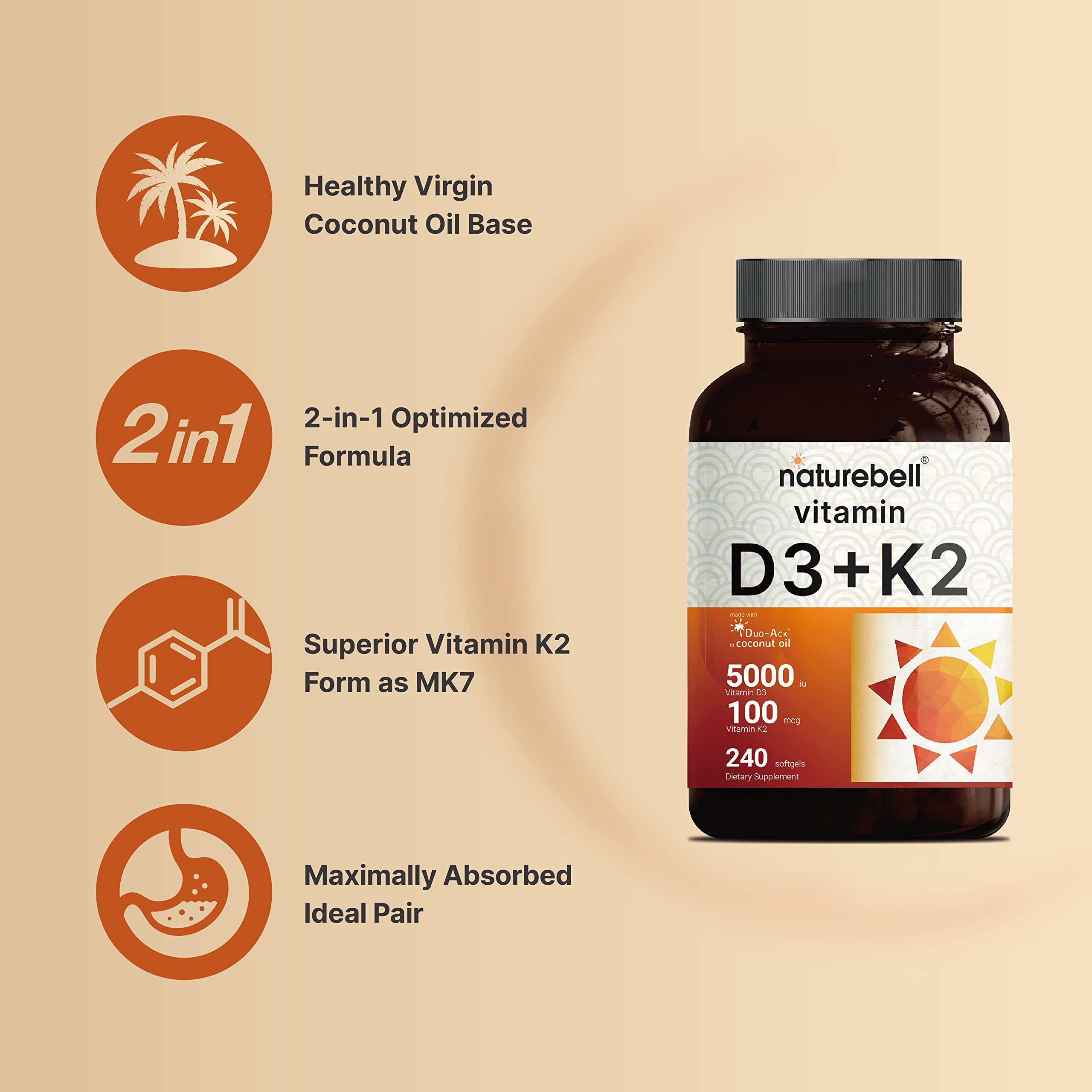 NatureBell D3K2 softgels front label shows daily dosage information