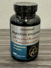 NatureBell digestive enzymes capsules close-up for vegan, non-GMO daily use.
