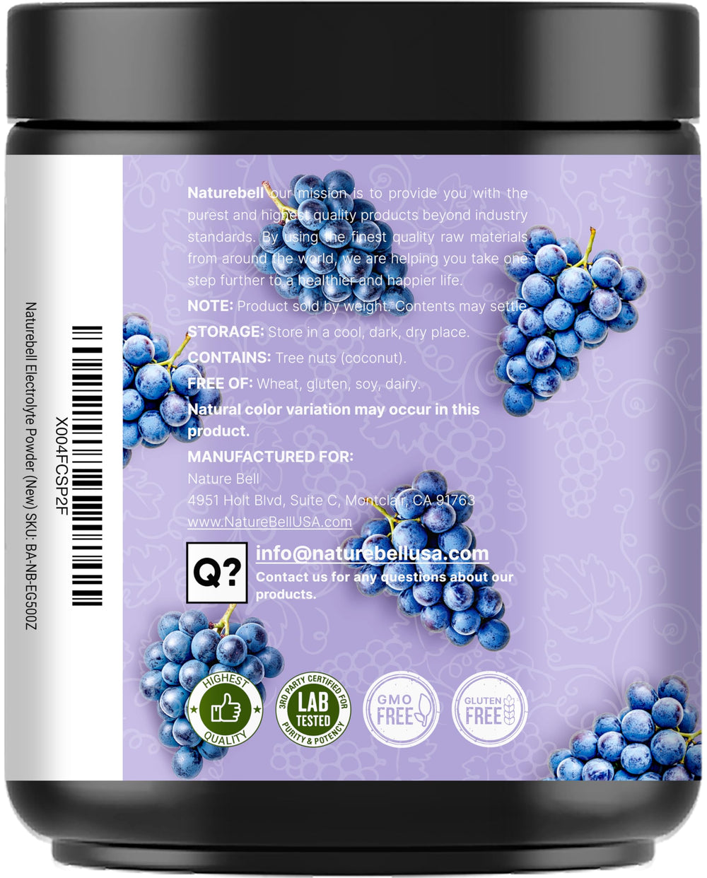 NatureBell Electrolytes Powder packaging front emphasizing grape flavor