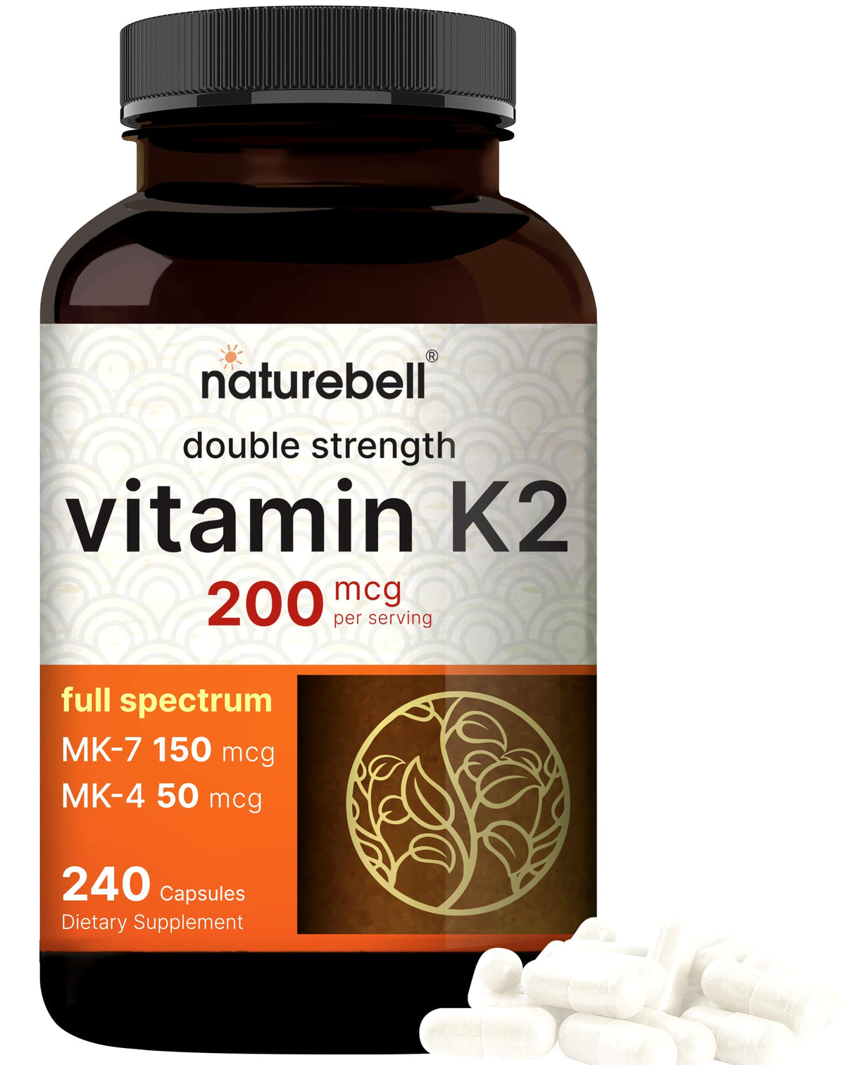NatureBell full spectrum K2 bottle showing 200 mcg dosage for bone and heart support