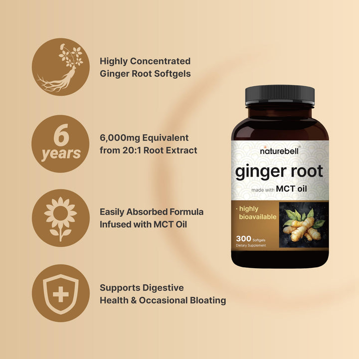 NatureBell ginger root ingredients label reveals non-GMO and gluten-free formula.