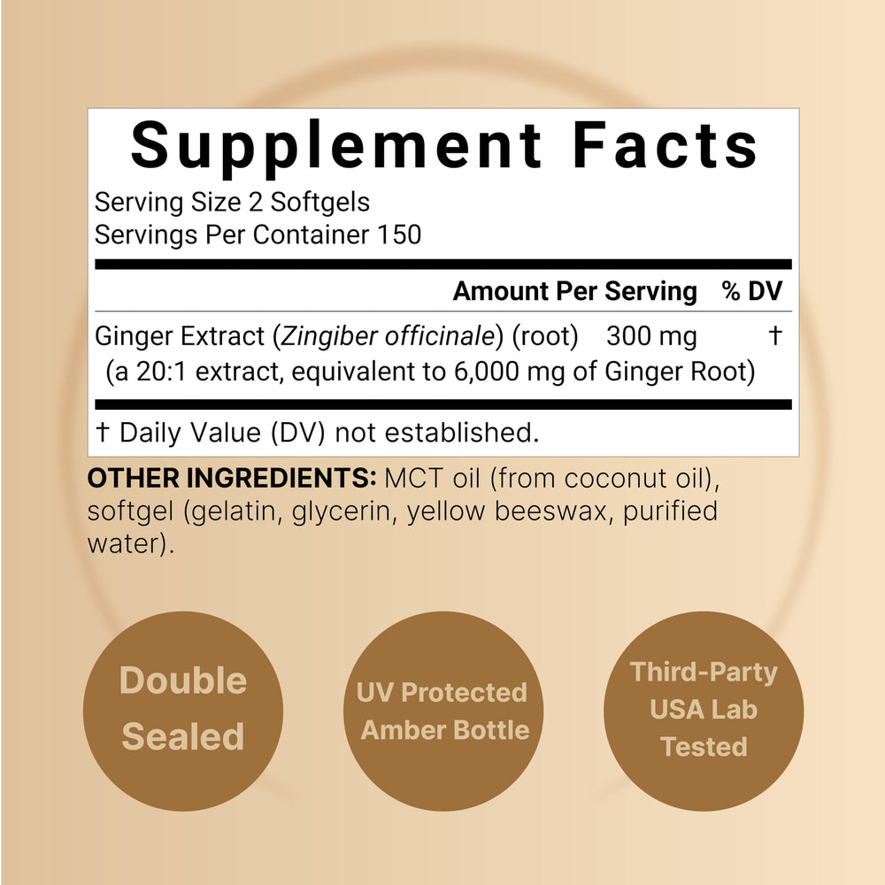NatureBell ginger root softgels close-up highlighting easy daily intake.