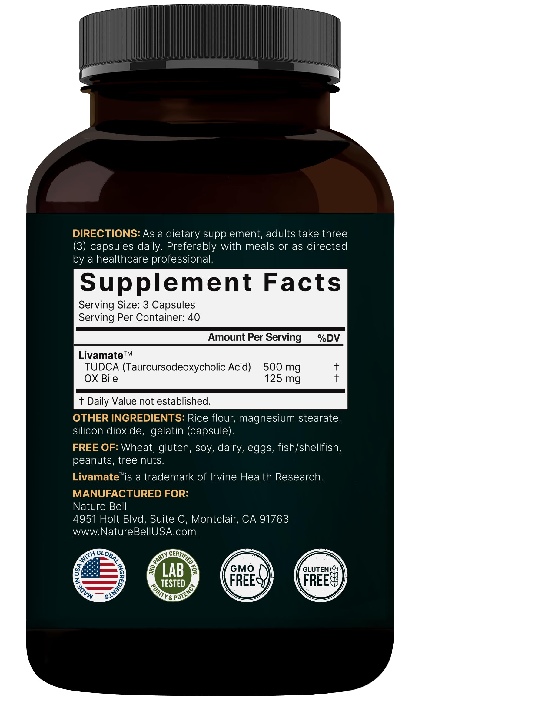 NatureBell gluten-free non-GMO label closeup signals a clean formulation.
