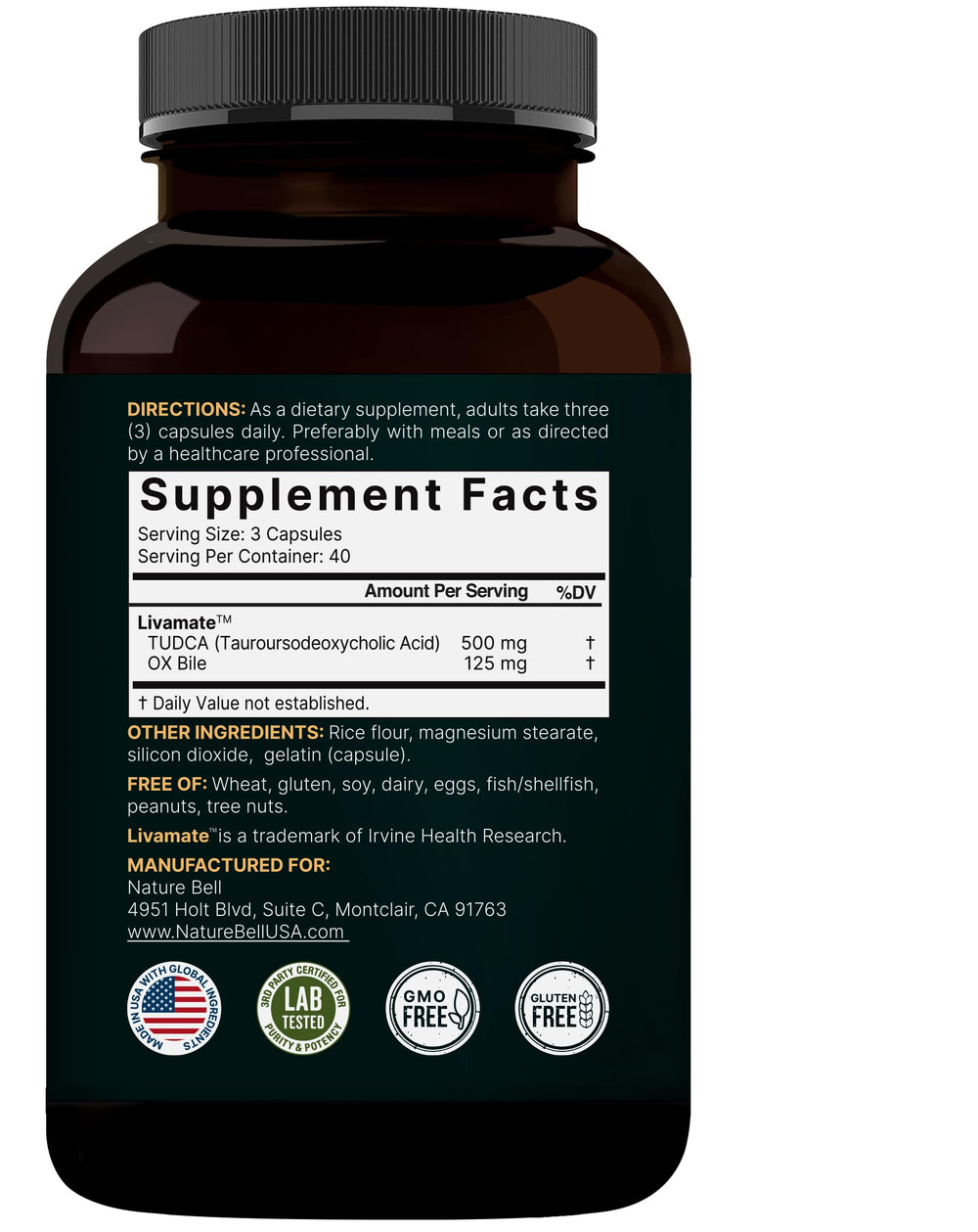 NatureBell gluten-free non-GMO label closeup signals a clean formulation.
