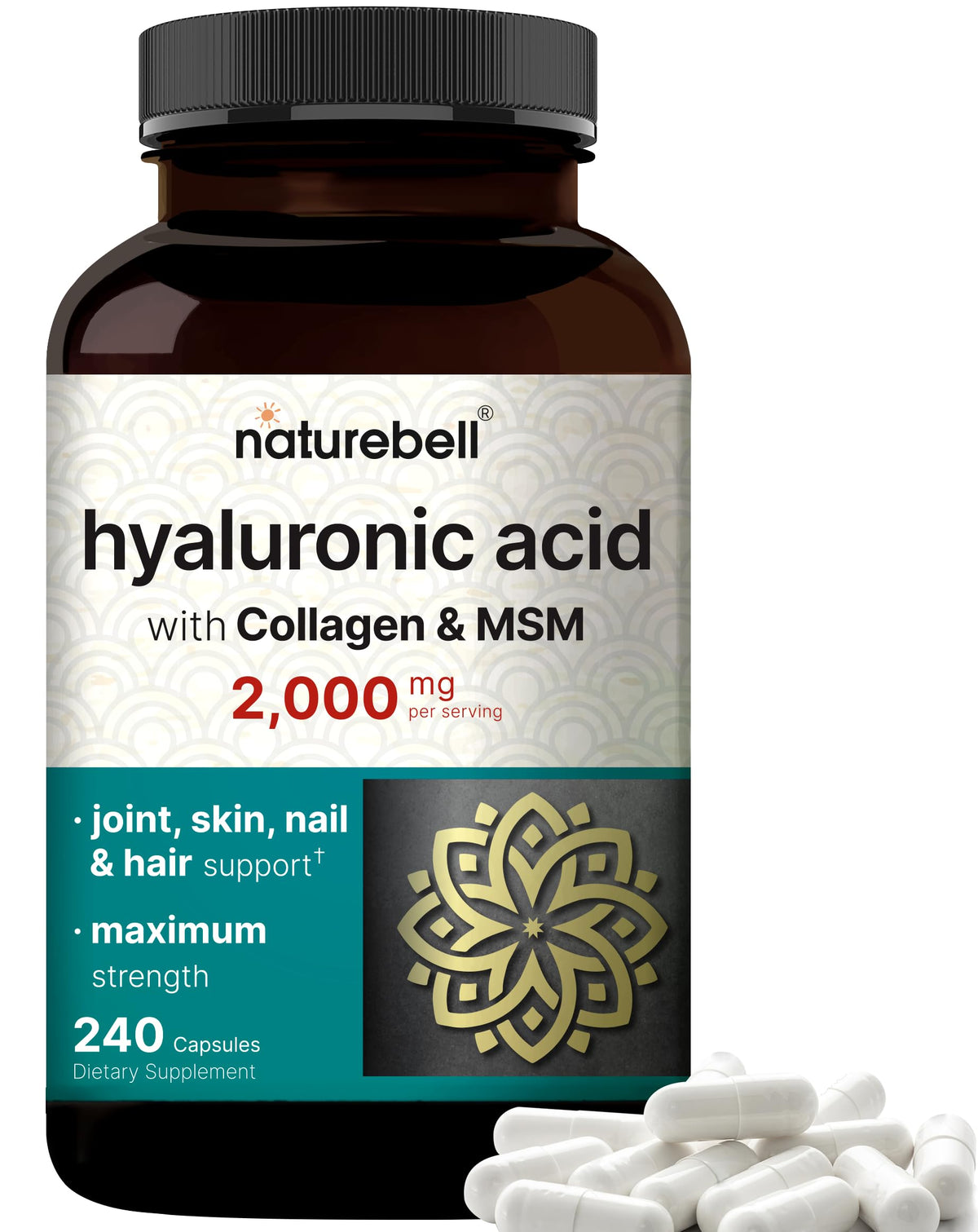 NatureBell Hyaluronic Acid 2000 mg bottle front view for skin hydration.