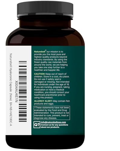 NatureBell hyaluronic acid capsules closeup shows 3-in-1 support for skin and joints.