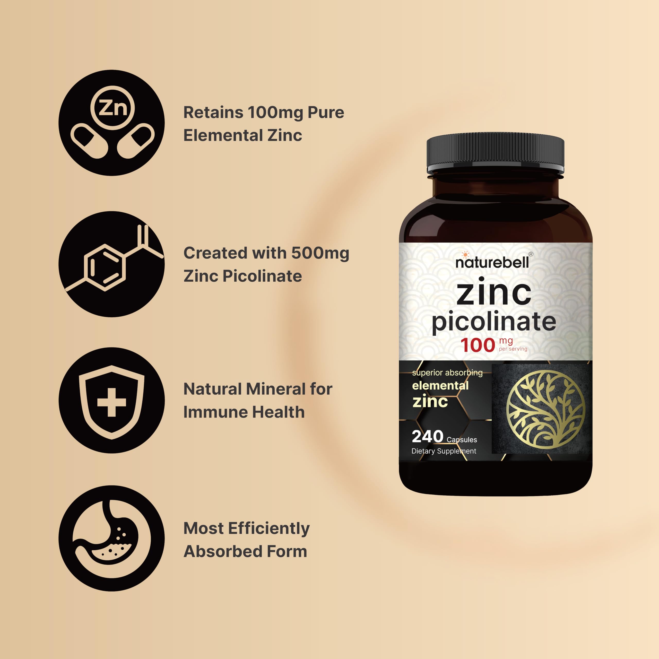 NatureBell immune-support packaging shows third party lab tested zinc picolinate for purity
