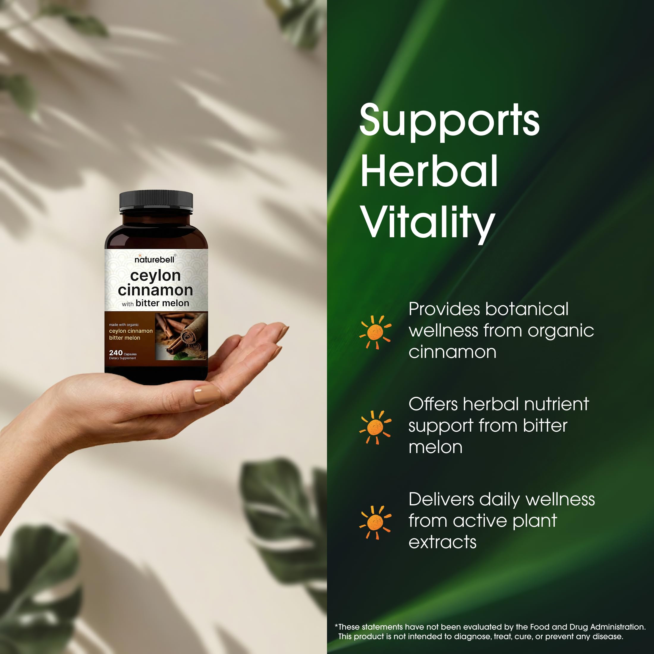 NatureBell ingredients label showing organic cinnamon and bitter melon sources