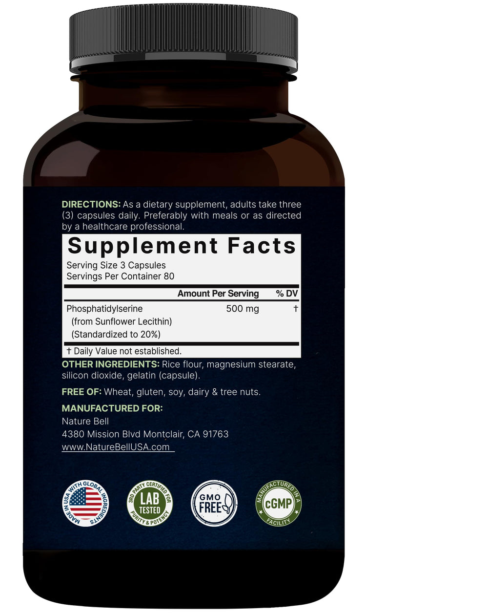 NatureBell ingredients list graphic reveals sunflower lecithin-derived PS.