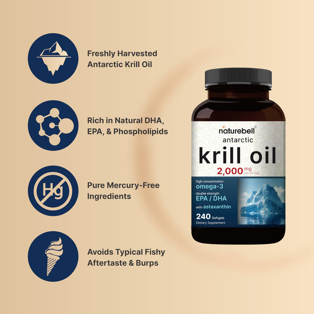 NatureBell Krill Oil with astaxanthin emphasizes natural antioxidant support.