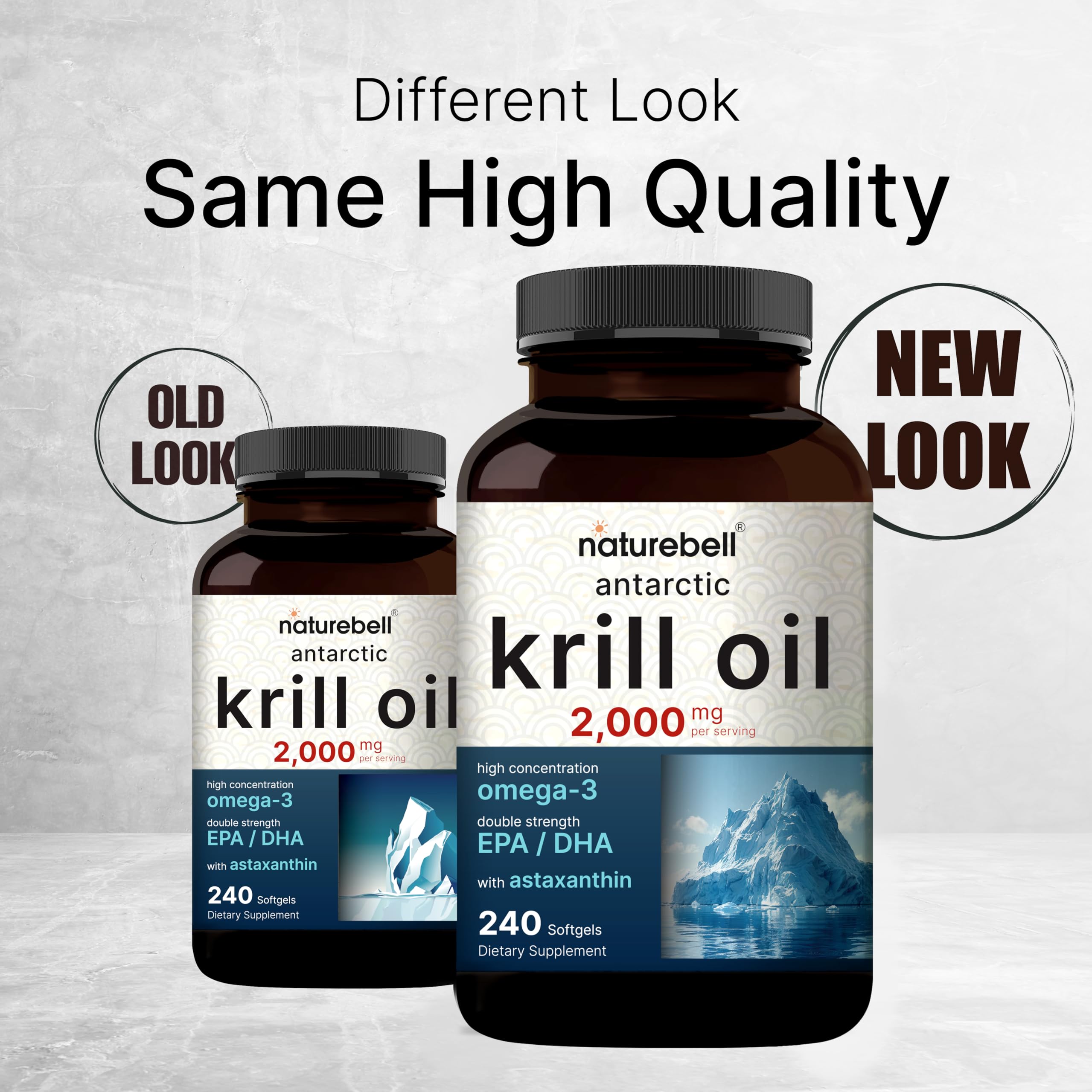 NatureBell Antarctic Krill Oil label highlights EPA 240mg and DHA 160mg per serving.