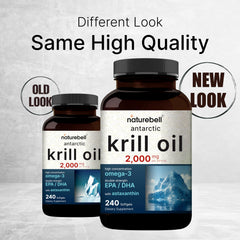 NatureBell Antarctic Krill Oil label highlights EPA 240mg and DHA 160mg per serving.