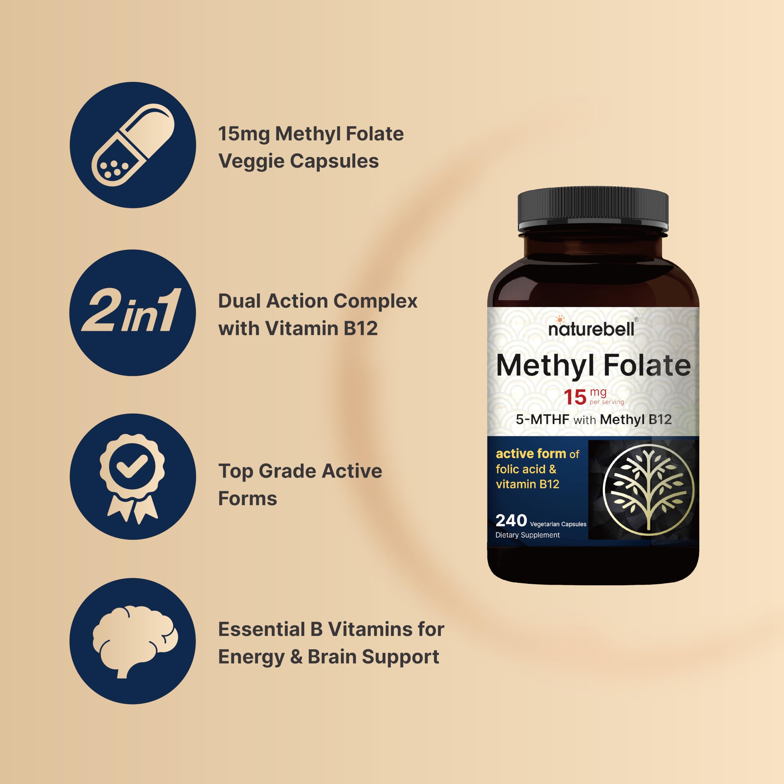 NatureBell L Methylfolate bottle pouring capsules for easy daily use.