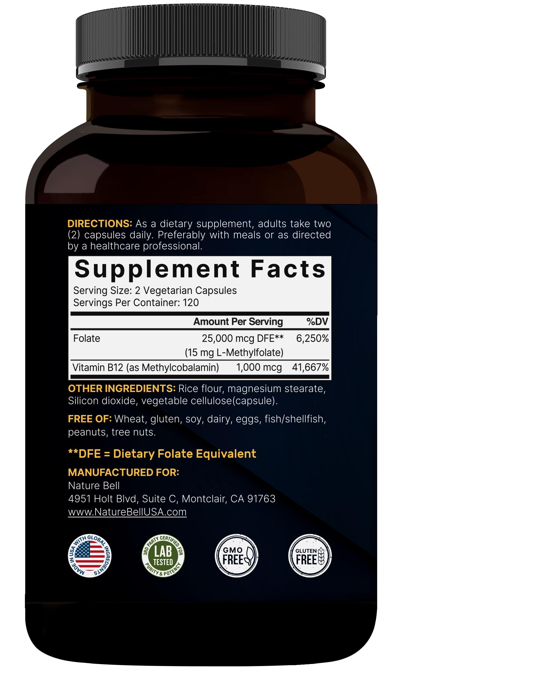 NatureBell L Methylfolate third-party testing seal on packaging.