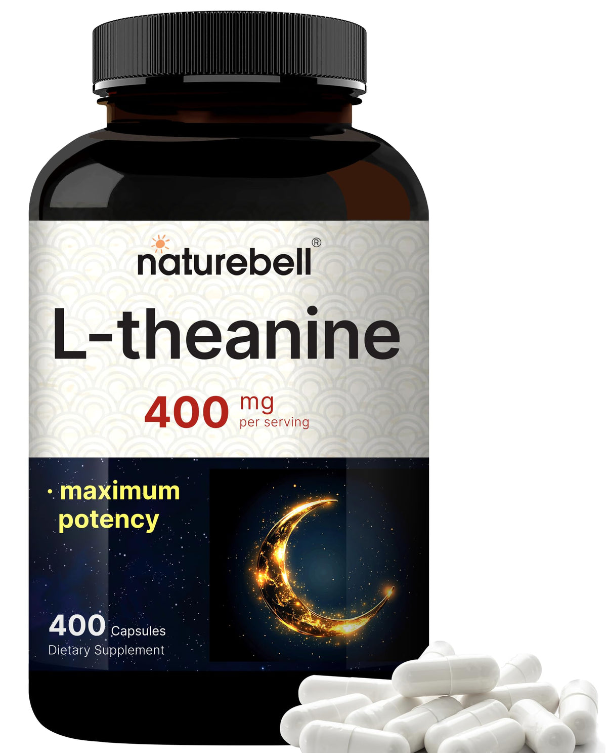 NatureBell L-Theanine 400mg bottle shows high-potency calm focus capsules