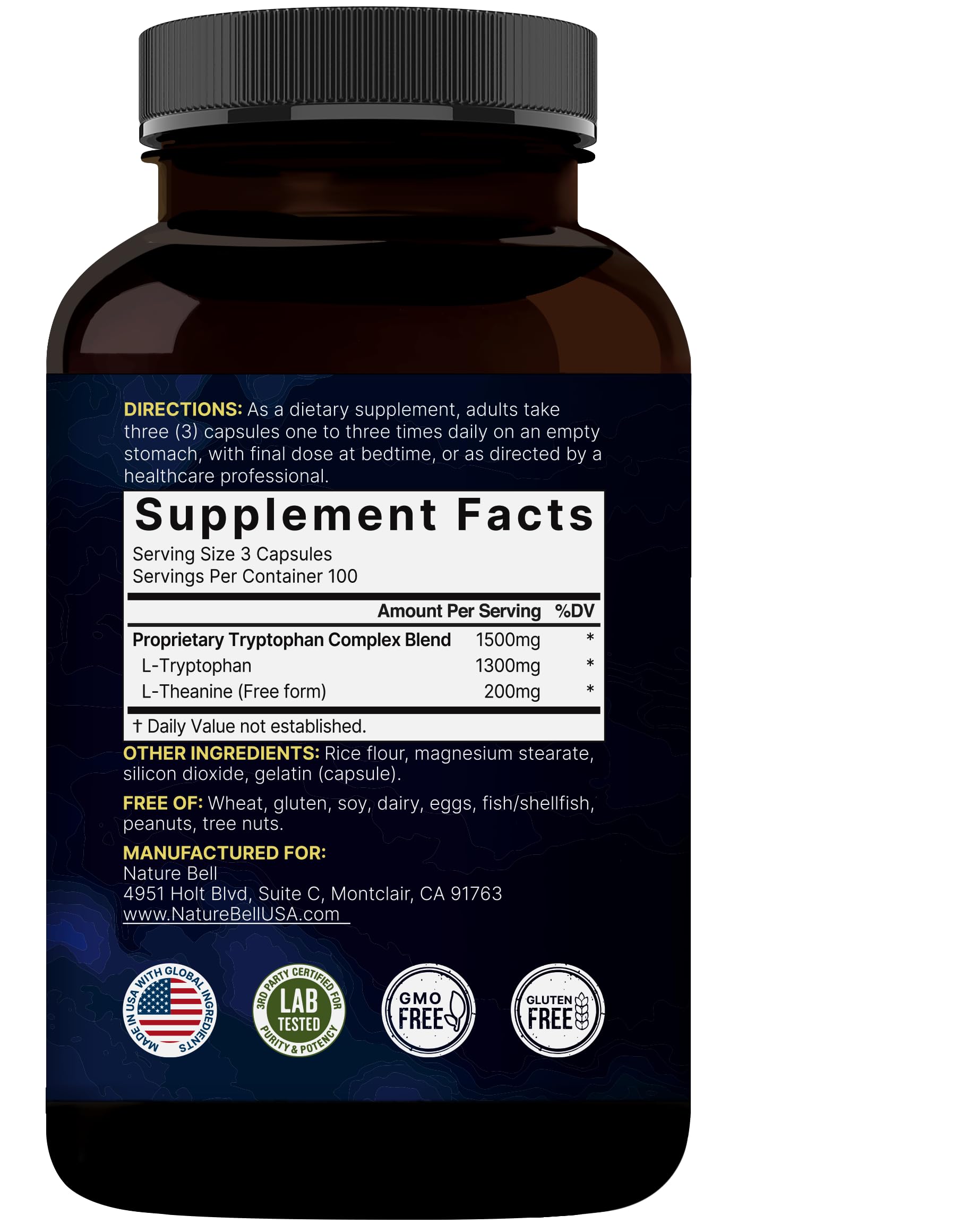 NatureBell L-Tryptophan ingredients chart showcases clean, free-form amino acids