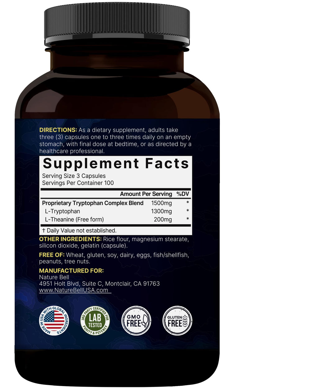 NatureBell L-Tryptophan ingredients chart showcases clean, free-form amino acids