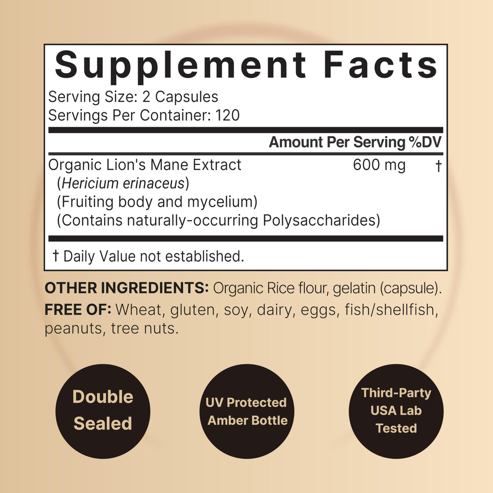 Close-up of NatureBell Lions Mane capsules for daily cognitive aid.