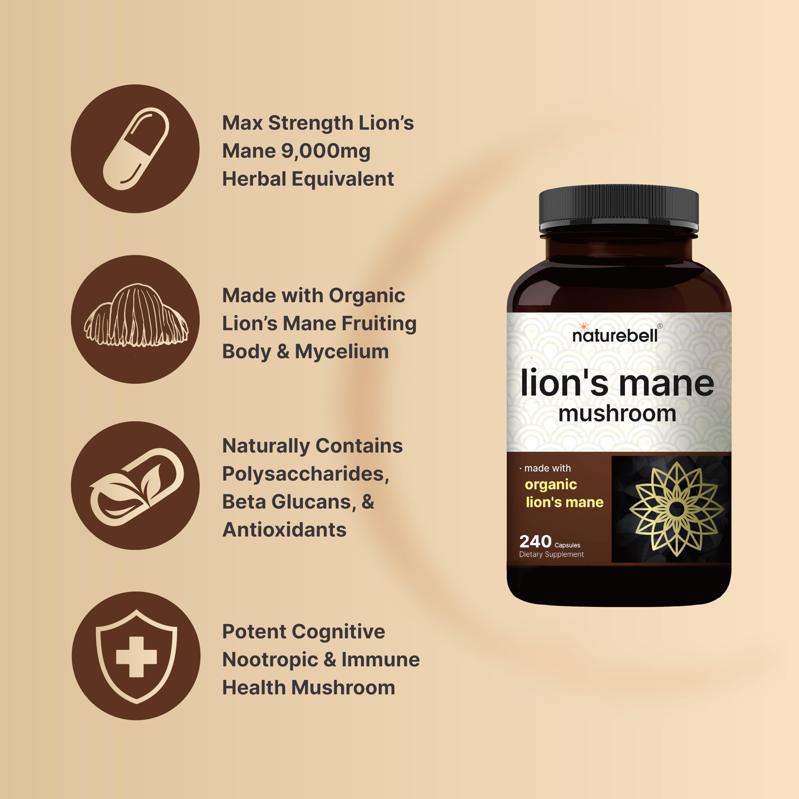 NatureBell Lions Mane label showcases organic ingredients and purity.